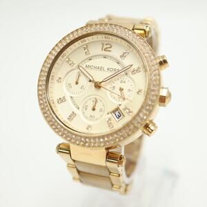 Michael Kors Parker Gold Tone Chronograph 40mm Watch 6" Bracelet w New Battery